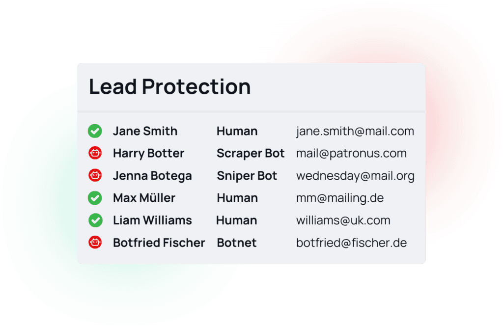 Mockup showcasing a report of collected leads and if they are a bot or a human.