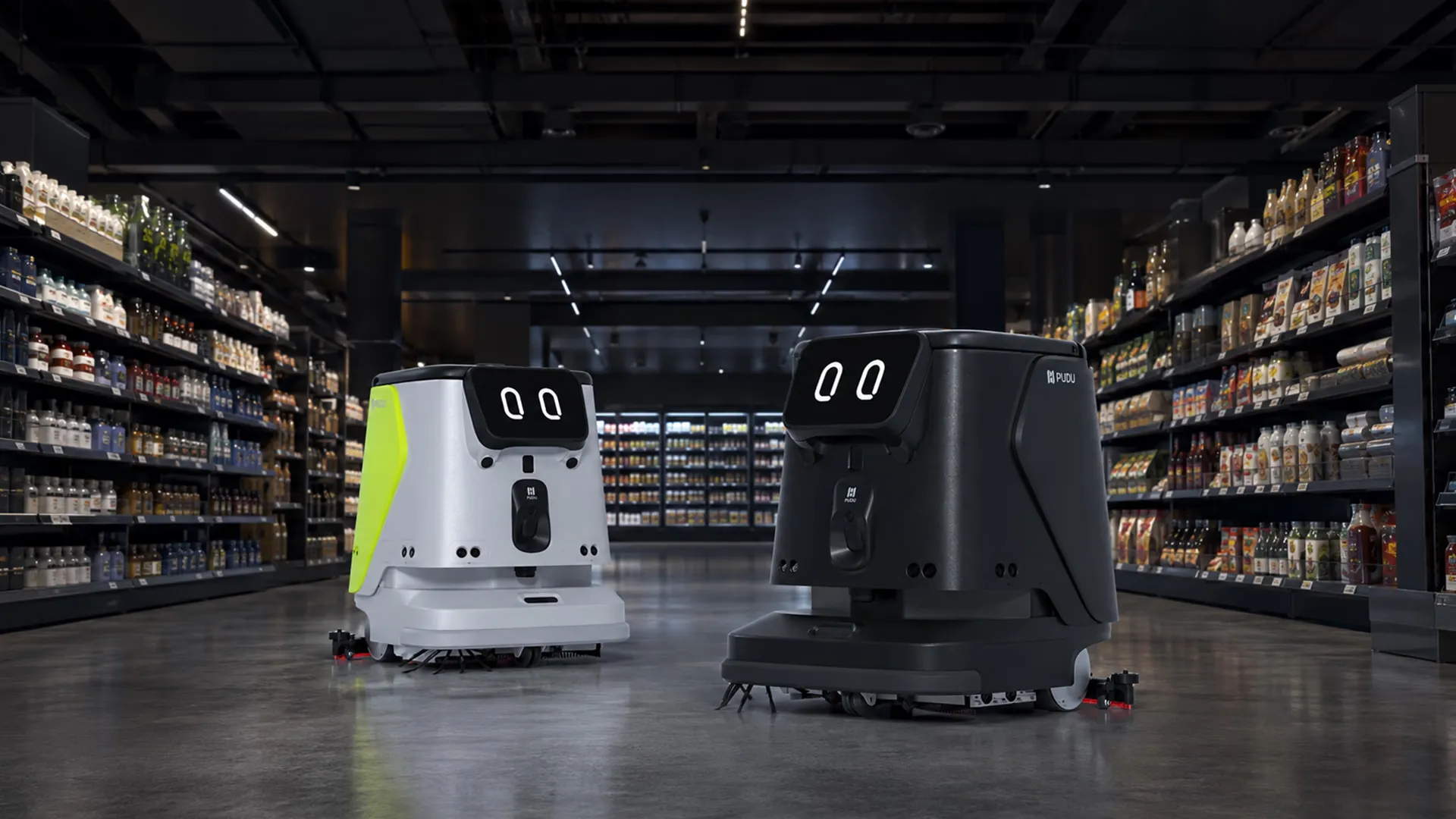 Deux autolaveuses autonomes Pudu dans une allée de supermarché