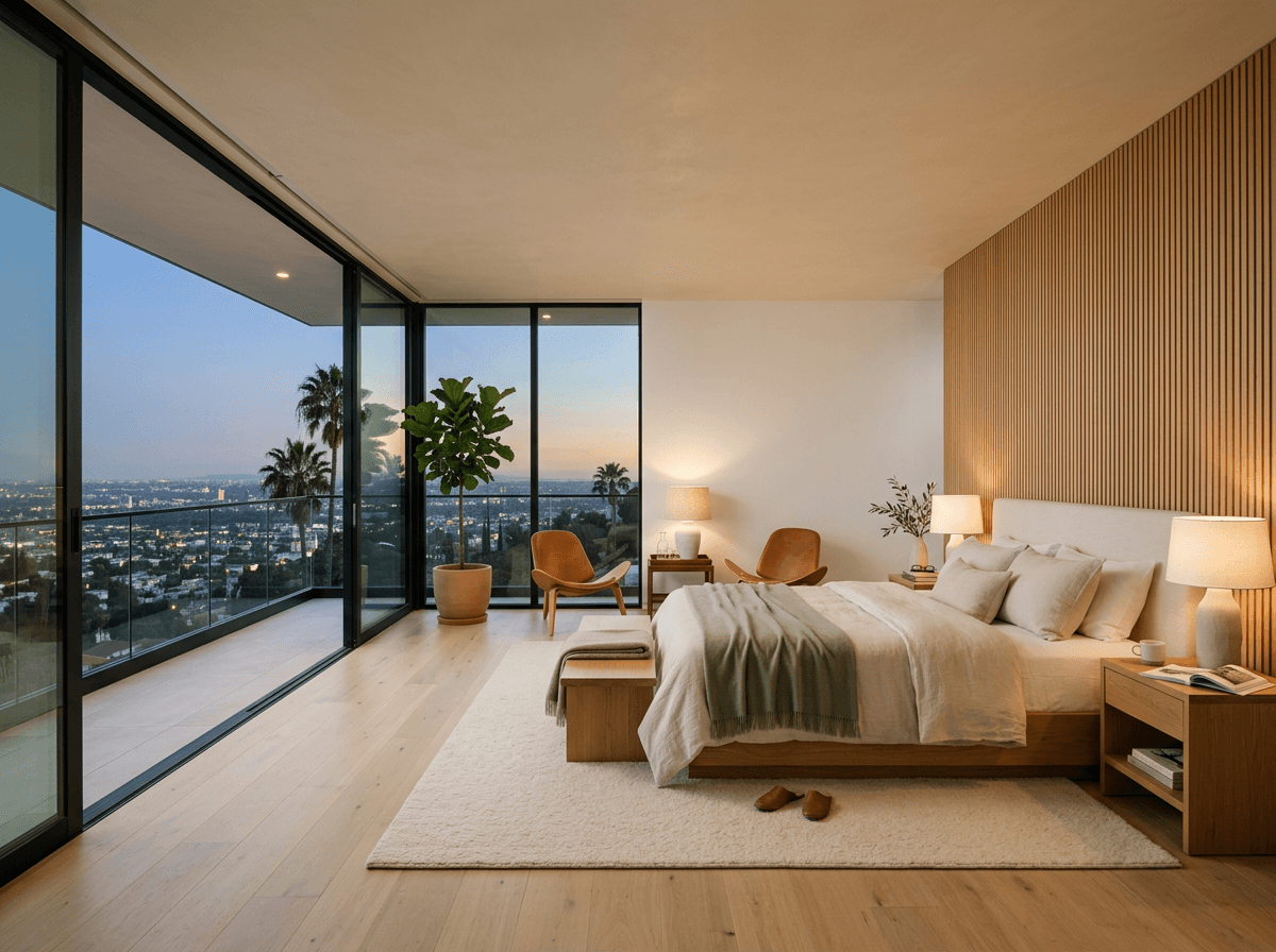 Sophisticated bedroom with oak headboard, cream linen, and floor-to-ceiling LA city lights view at dusk.