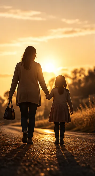 Parent and child walking together at sunset representing family law services