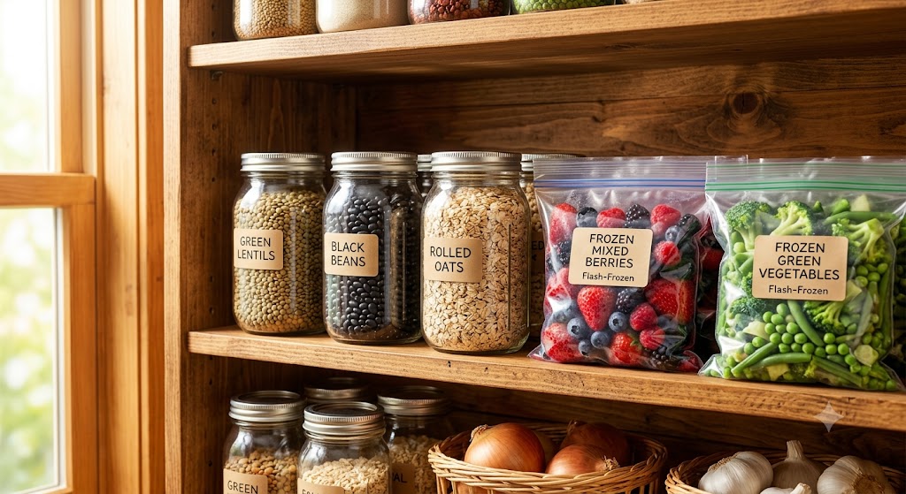 A sunlit wooden kitchen pantry shelf neatly organized with labeled glass mason jars containing dried lentils, black beans, and rolled oats, alongside clear bags of flash-frozen mixed berries and green vegetables. A window with bright natural light is visible on the left.