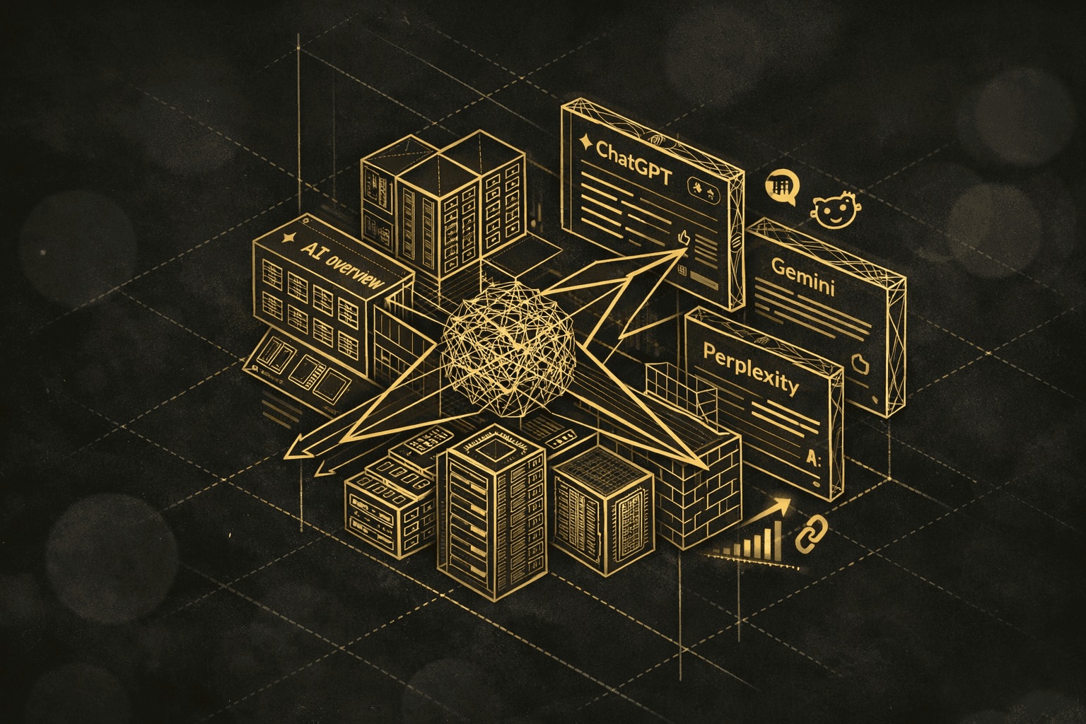 Illustration du Generative Engine Optimization (GEO) montrant la connexion entre des sources de données et des moteurs IA comme ChatGPT, Gemini et Perplexity