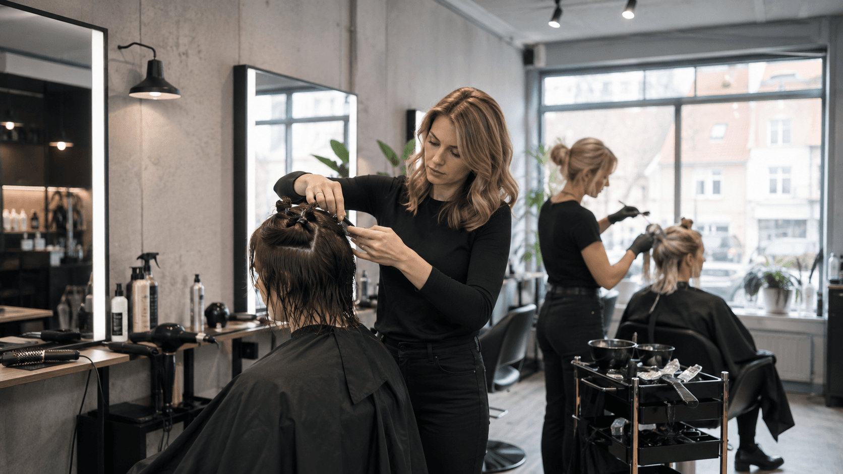 Frisører arbejder med kunder i moderne frisørsalon – erhvervsfinansiering fra Flex Funding