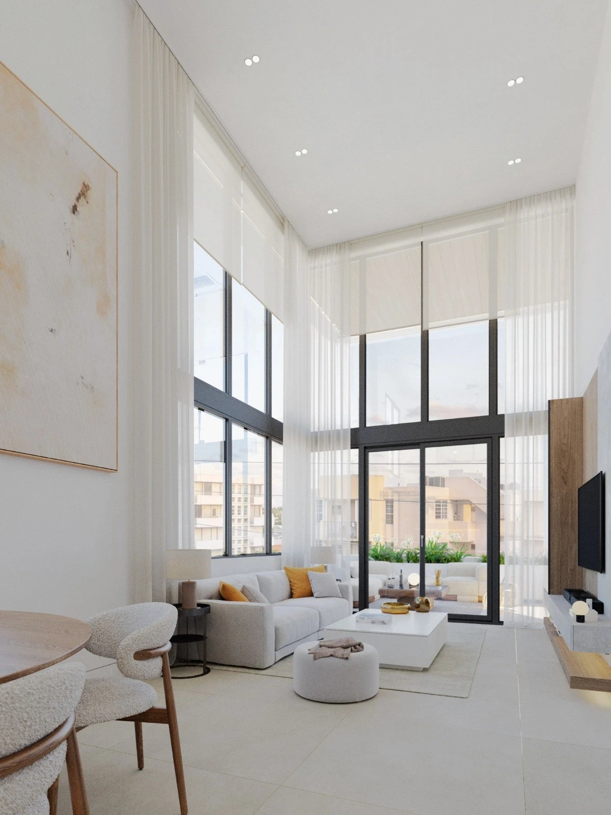 Double-height living room at Byron Avenue Residence in North Beach, Miami Beach, with floor-to-ceiling glazing, sheer drapery and terrace access