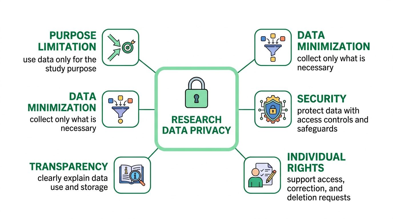 A diagram illustrating the core principles of research data privacy including minimization, security, transparency, and individual rights.