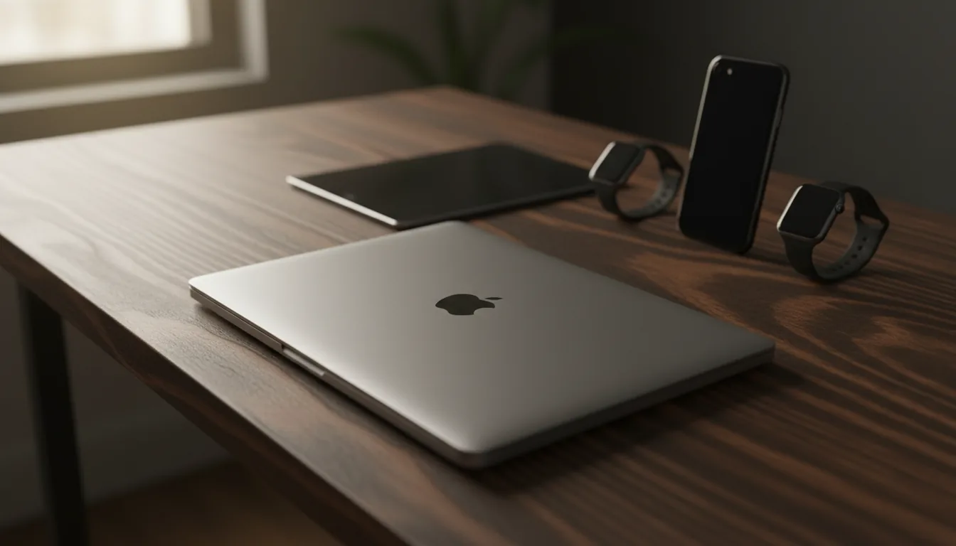 DSLR product photography of a modern Apple ecosystem, featuring a closed silver MacBook, a space gray iPad, a black iPhone, and a black Apple Watch, all arranged neatly at a high angle on a dark wooden desk with a rich, warm grain texture. The scene is illuminated by soft, warm natural daylight, creating a moody and focused atmosphere. A shallow depth of field keeps the foreground laptop's metallic finish in sharp focus while the background elements are gently blurred.