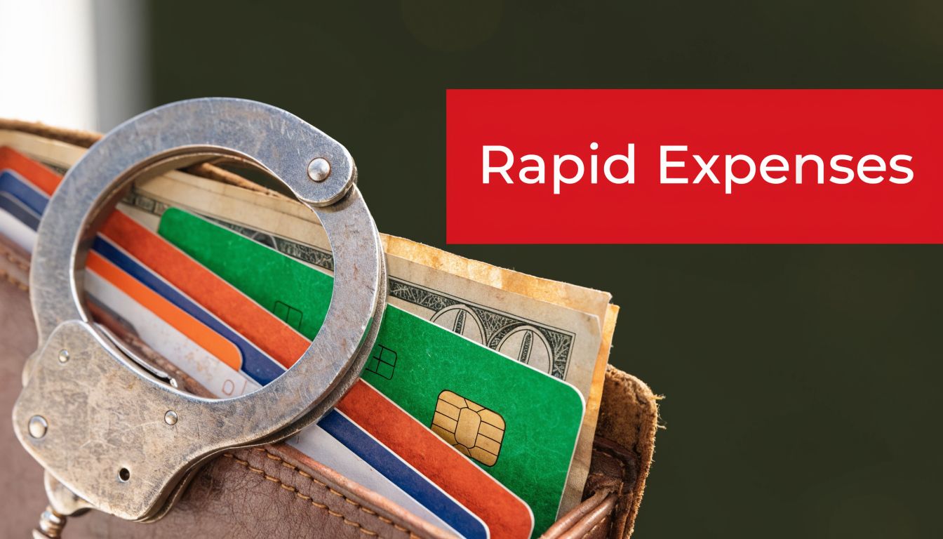 A leather wallet filled with cash and credit cards secured by a pair of metal handcuffs.