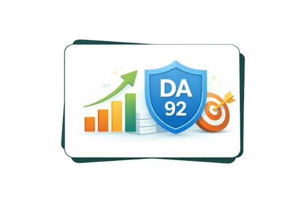Illustration of Moz Domain Authority showing a website dashboard with DA score, ranking growth, and search engine indicators inside a floating card.