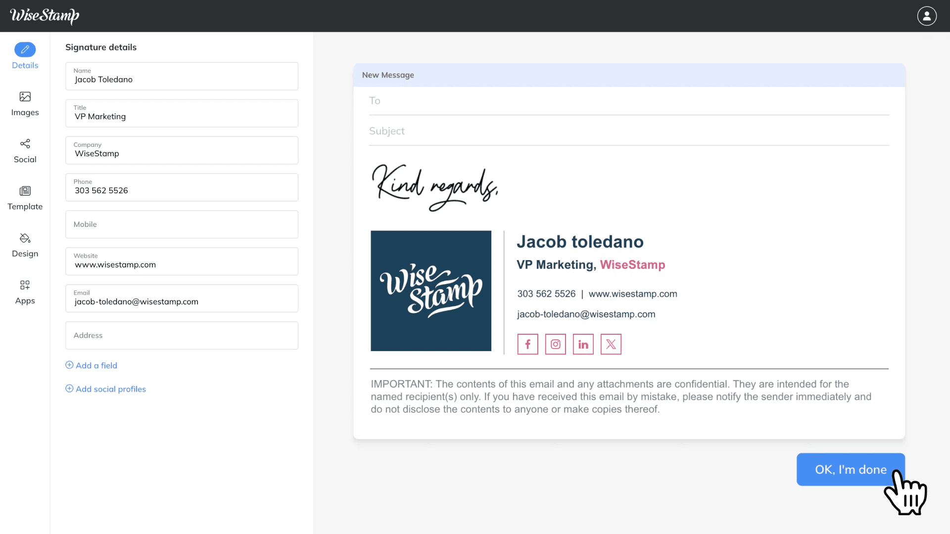 Screenshot of an email signature generator tool interface showing templates and customization options