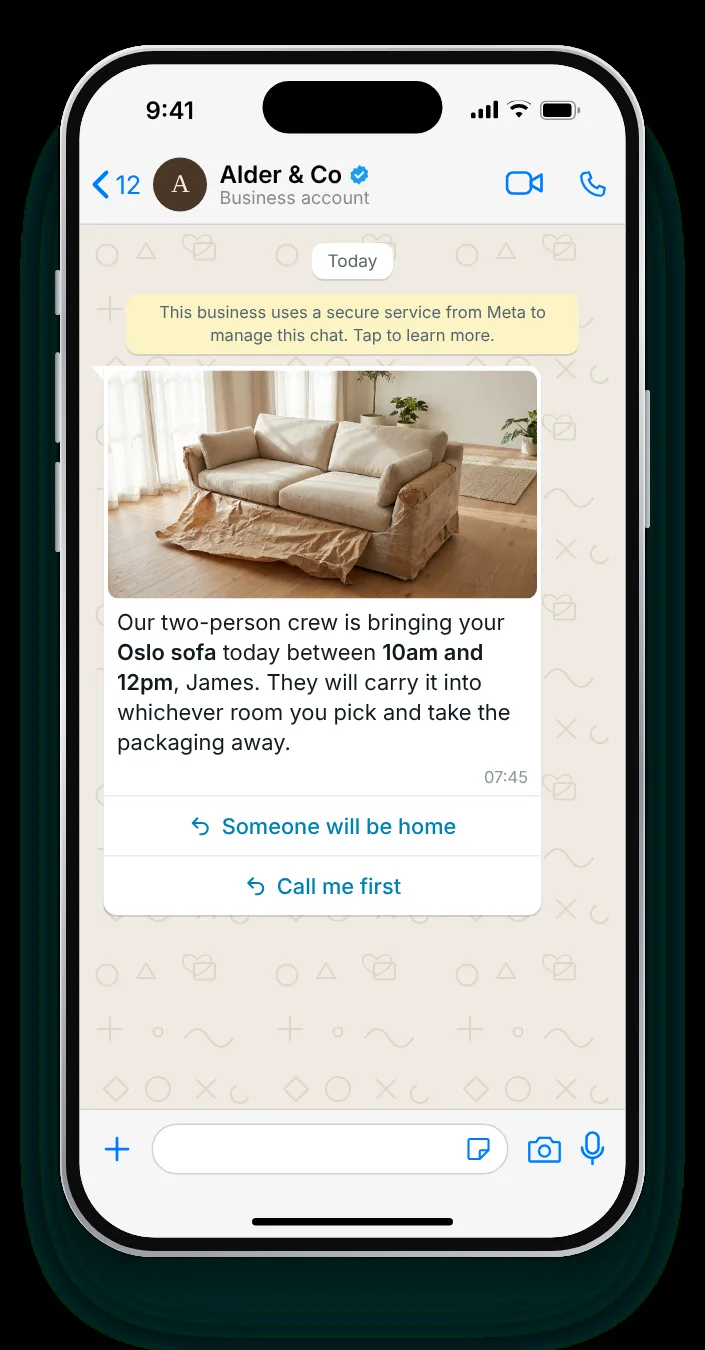 Furniture crew on the way: WhatsApp shipping update on an iPhone