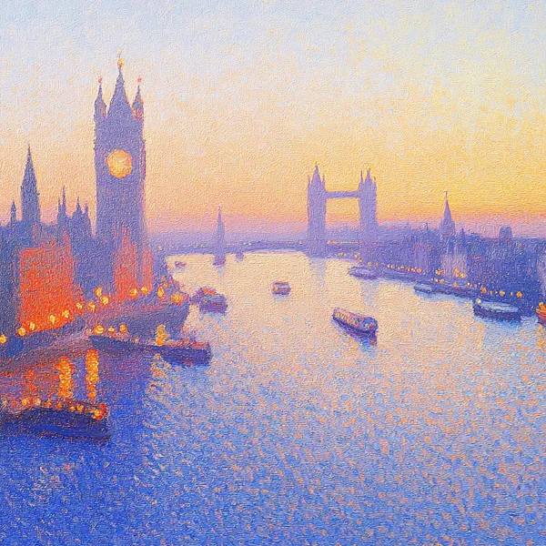 aearial oil painting in dawn, London Thames River