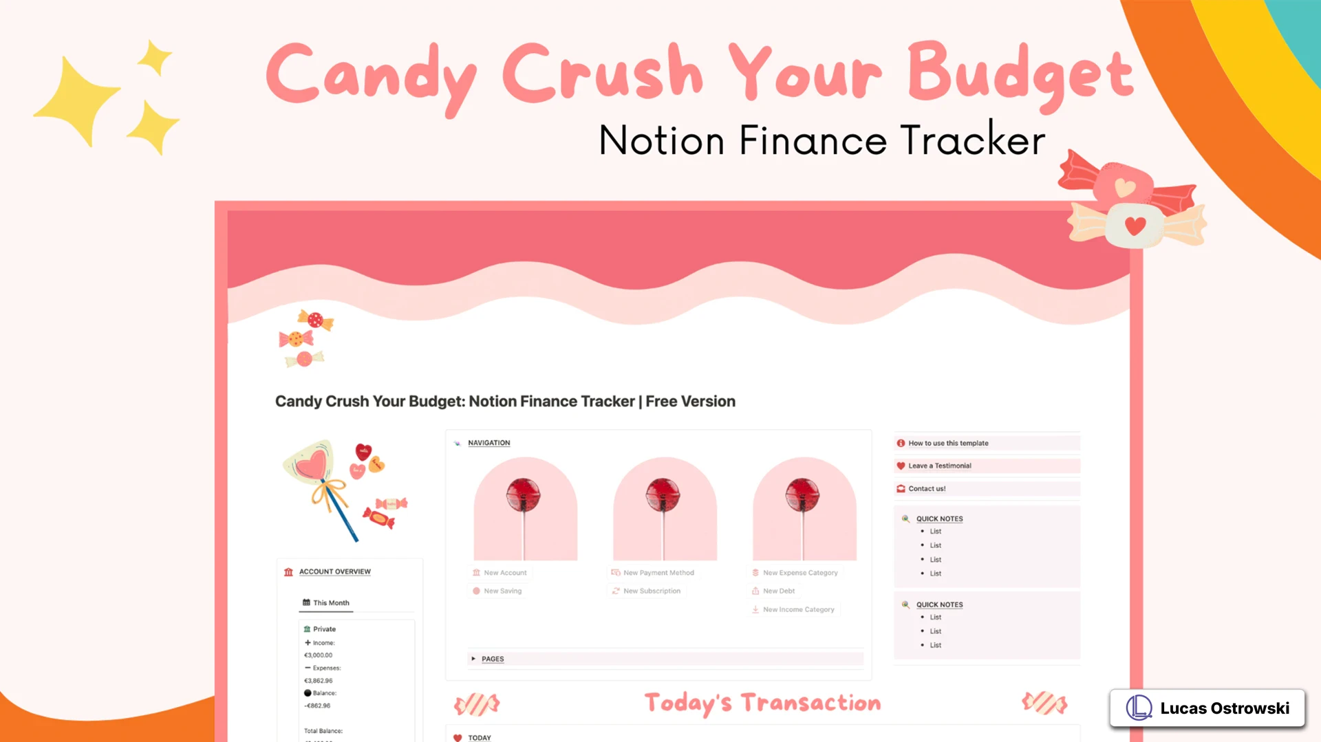 Candy Crush Your Budget Notion template featuring playful pink design with candy icons. Shows financial dashboard with transaction tracking, income streams visualization, and account overview in a fun, colorful layout with rainbow waves border