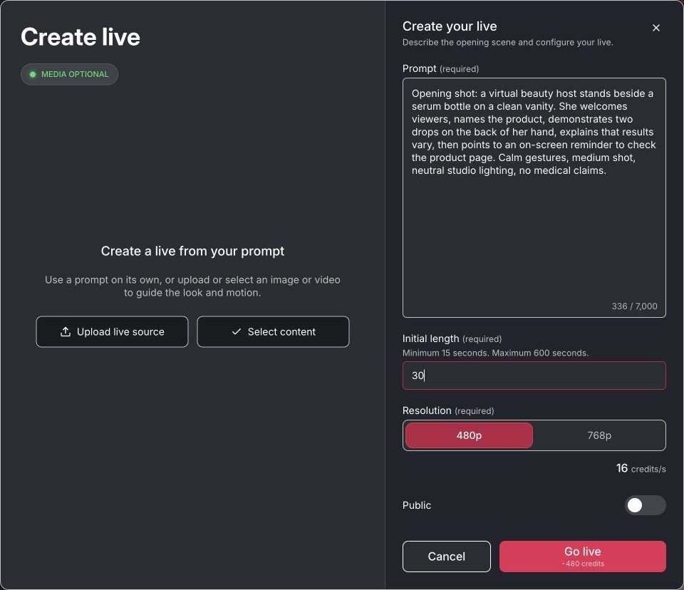 APOB Live initial length, 480p resolution, Public switch, and credit quote