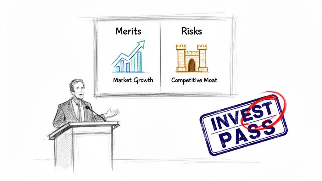 A speaker presents investment analysis, discussing market growth merits and competitive moat risks for an invest or pass decision.