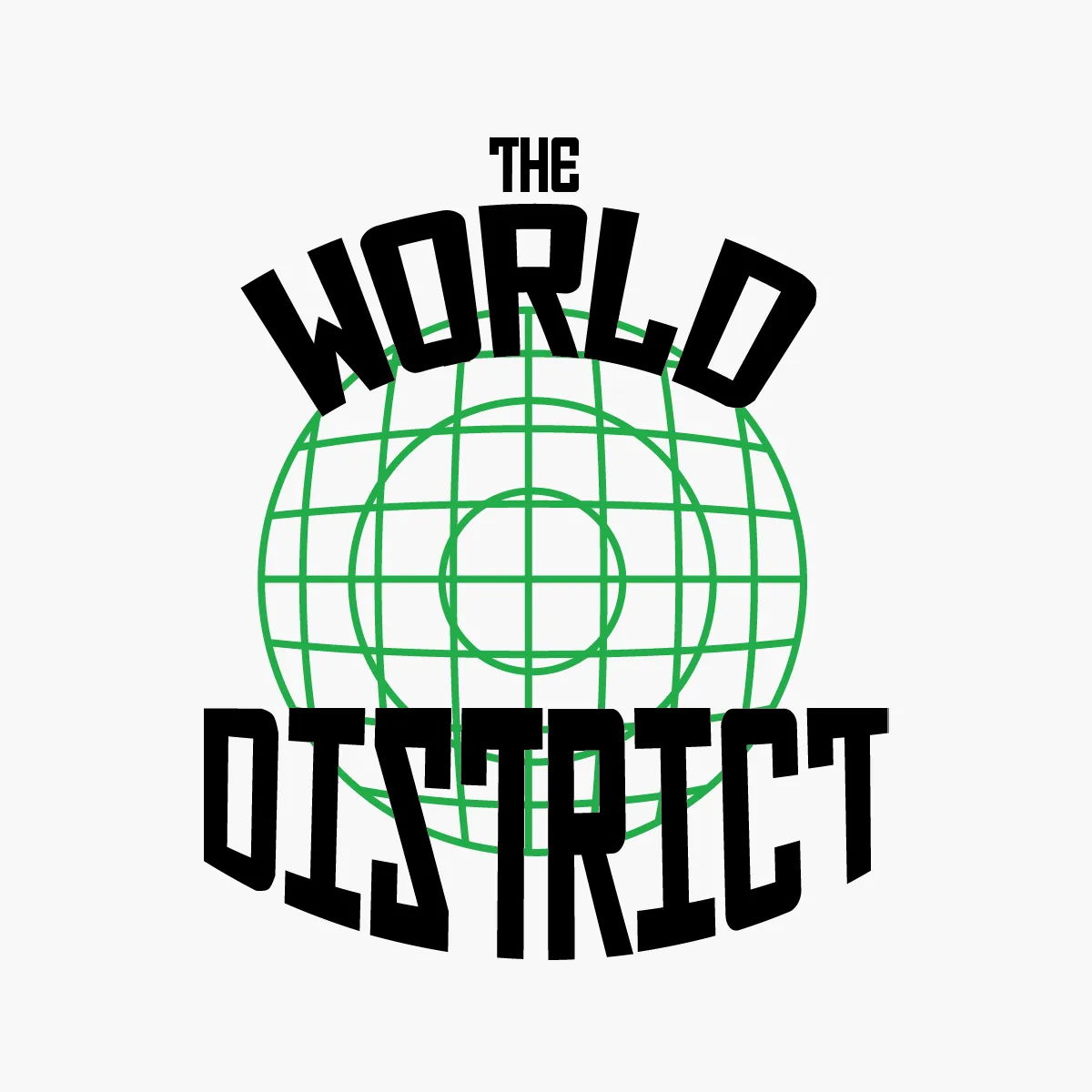 100 Logos #1: The World District wordmark in bold varsity type over a green bullseye wireframe globe