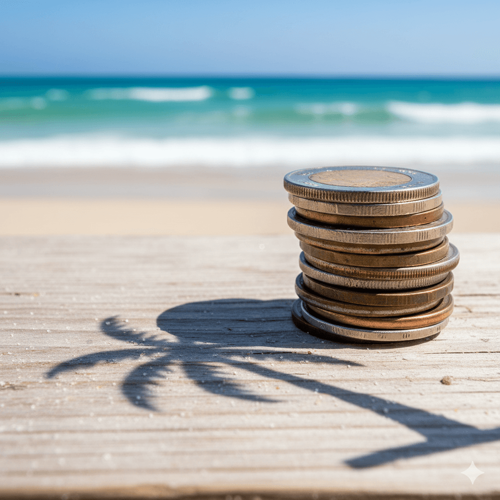 Stacked coins on wood with a palm shadow by the beach
