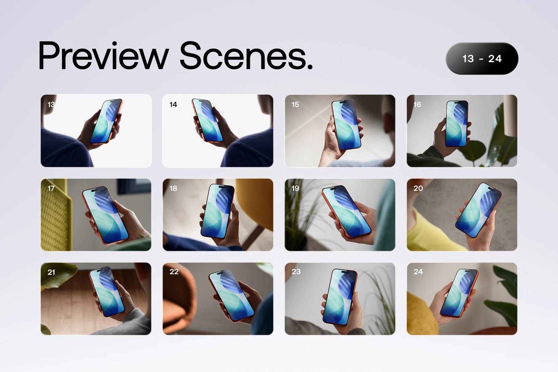 Gallery grid showing preview scenes 13 to 24 of the iPhone 17 Pro mockups held in various real-world environments.