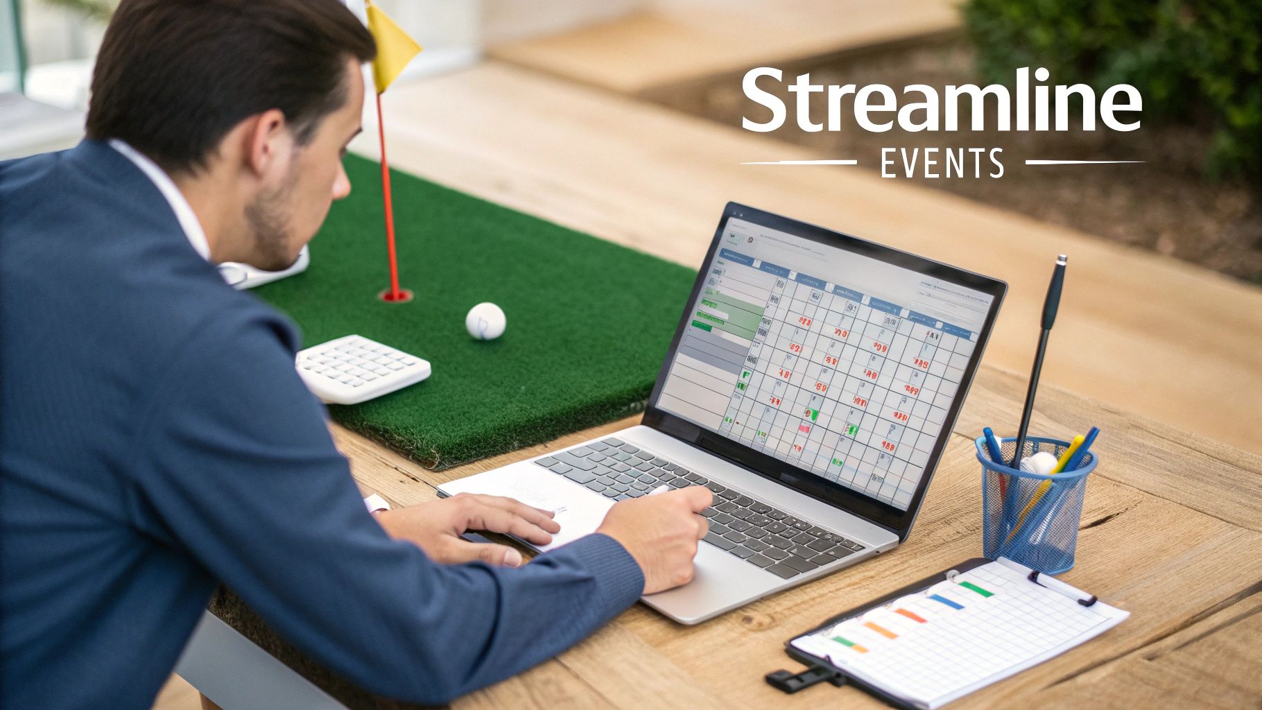 Man managing golf events on a laptop next to a mini golf putting green and office supplies.