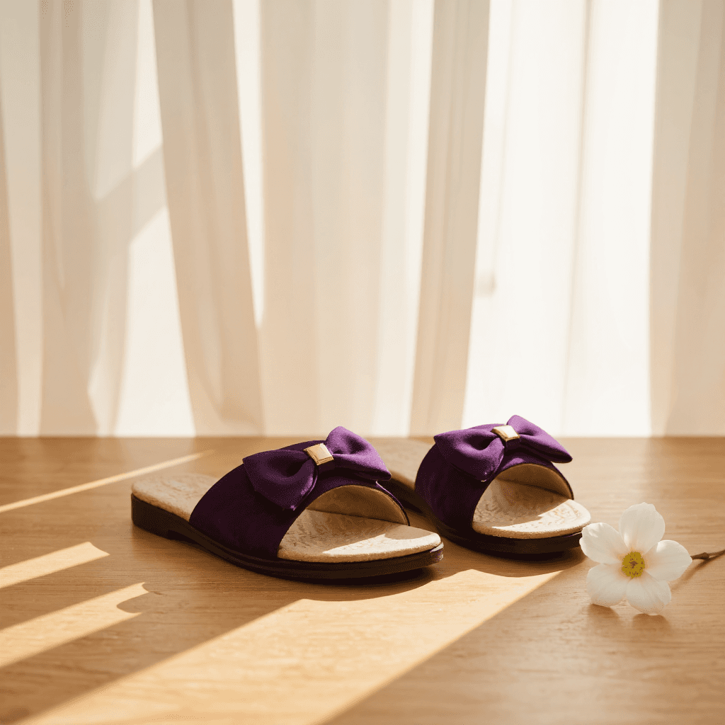 product photography of a pair of stylish purple sandals with decorative bows