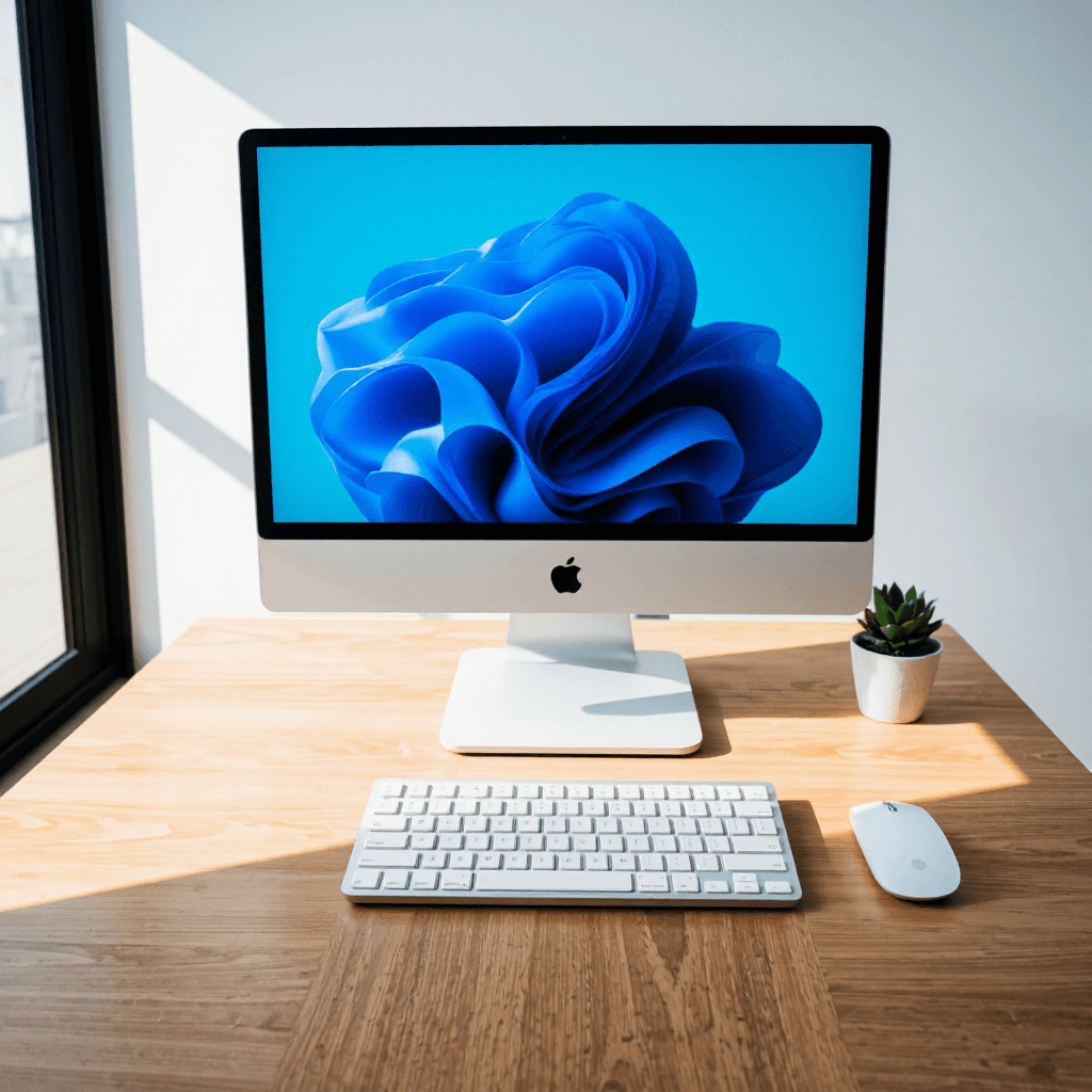 product photography of a desktop computer with monitor, keyboard, and mouse