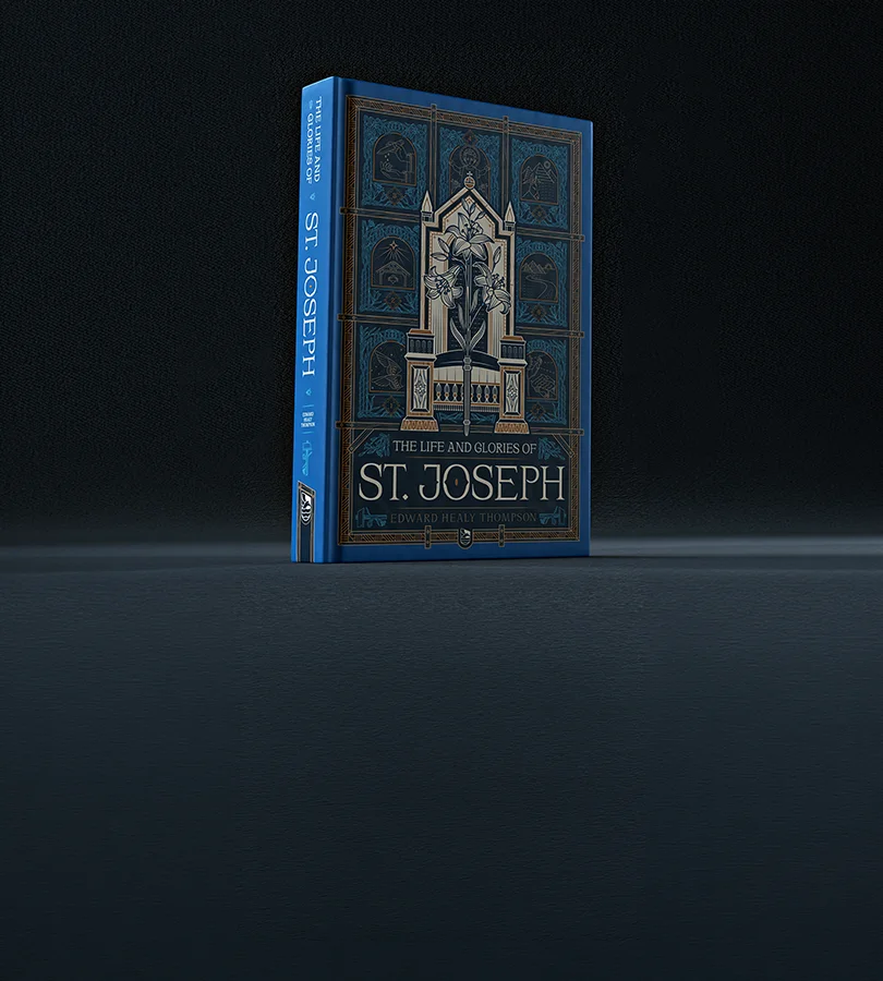 Blue book cover of The Life and Glories of St. Joseph with gold religious illustration.
