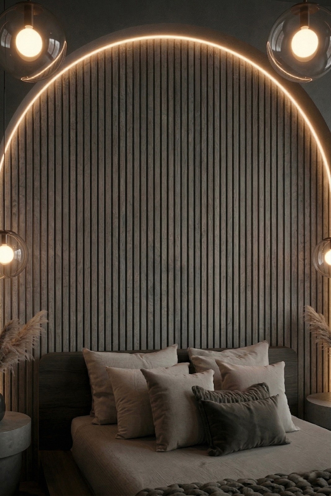 Vintage-modern living room with tufted sofas, false ceiling, and layered warm lighting.