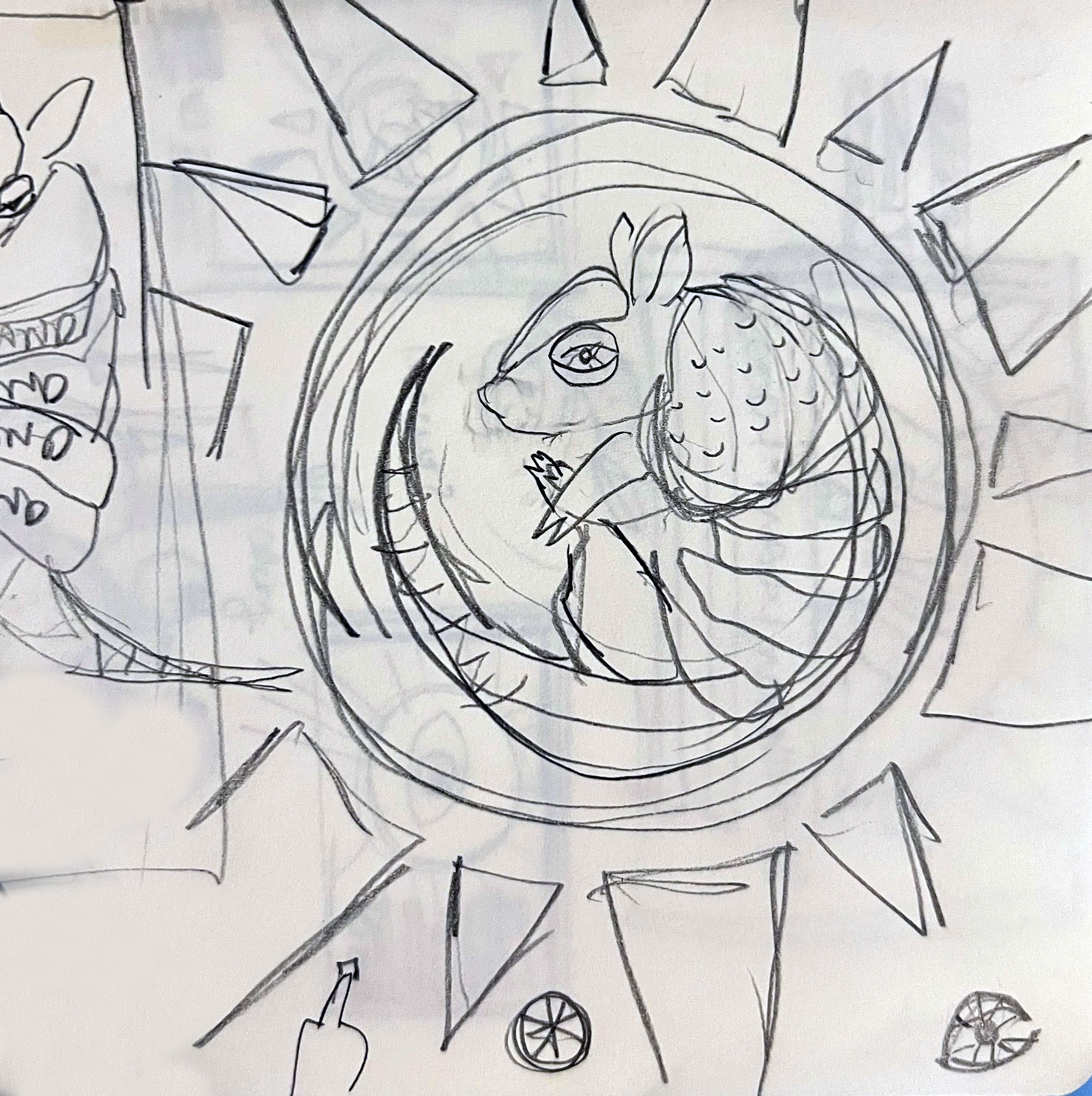 Sketch of curled armadillo inside sun