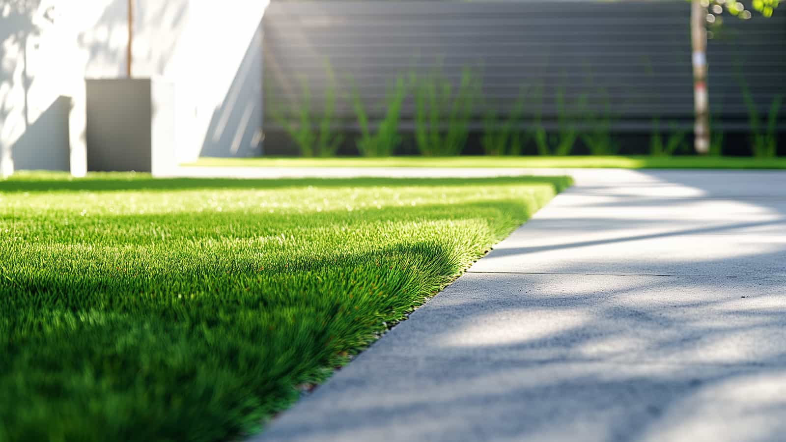 Close-up of lawn edge and concrete path, precise landscaping detail