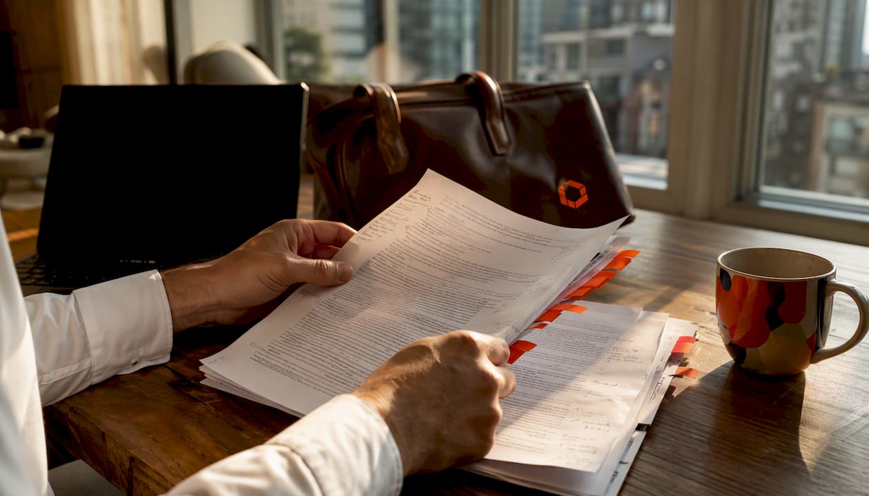 Hands reviewing contract with red flags