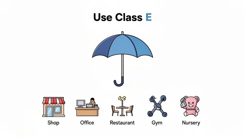 An infographic showing 'Use Class E' with an umbrella and icons for shop, office, restaurant, gym, and nursery.
