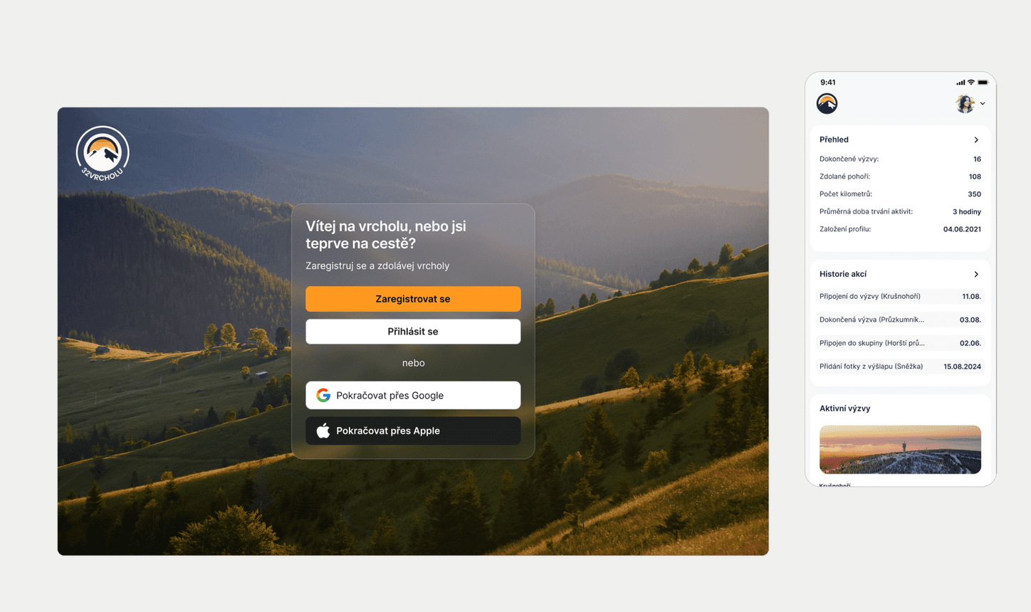Úvodní obrazovka aplikace 32 vrcholů na desktopu a mobilní dashboard vedle sebe.