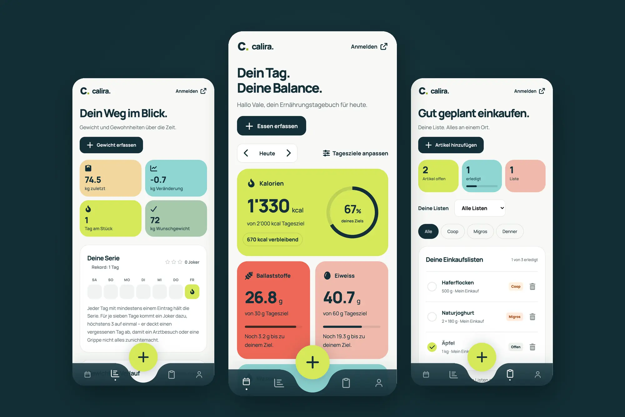 Calira: Verlauf, Tagesübersicht und Einkaufsliste der Ernährungs-App
