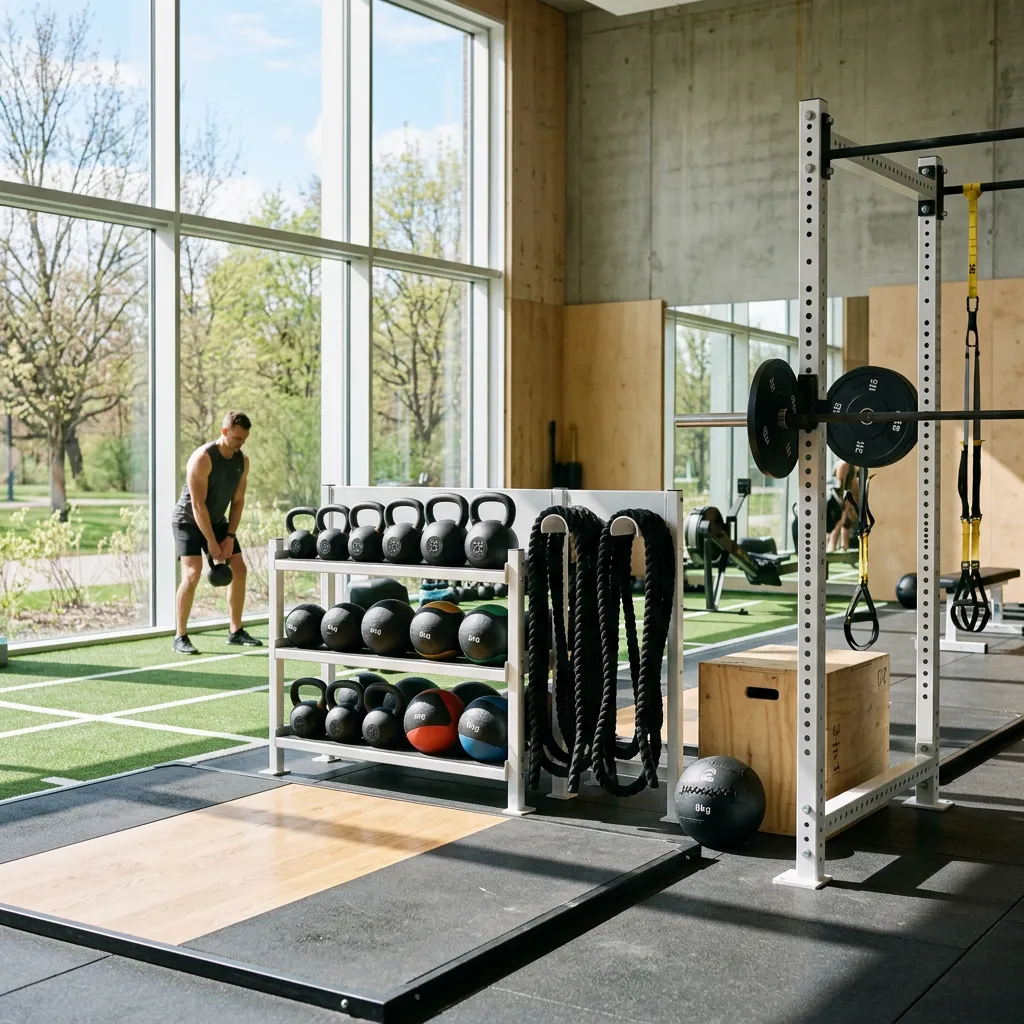 Man doing kettlebell exercise in a modern gym with large windows.
