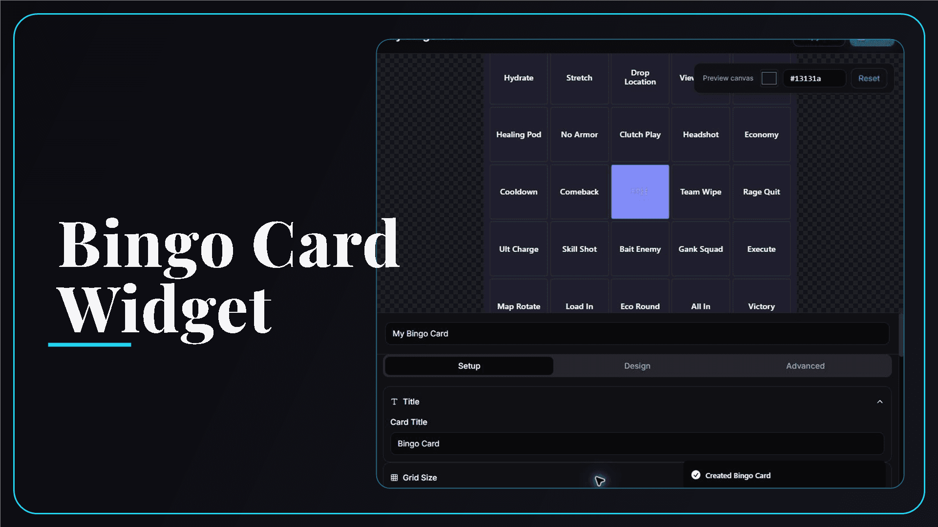 StreamSpell Bingo Card Widget editor showing a customizable stream challenge card