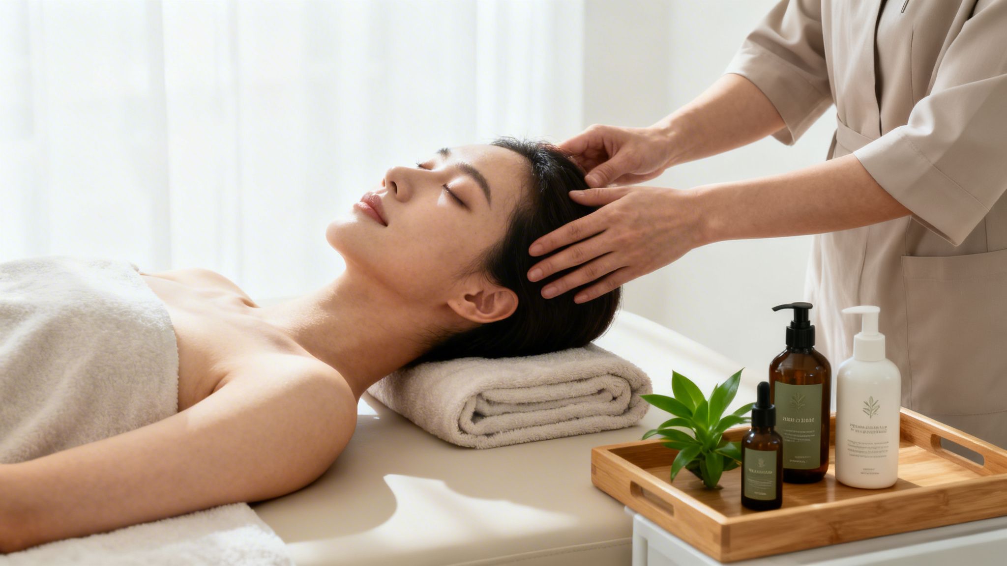 Relaxed woman receiving a head massage by a therapist in a tranquil spa setting.
