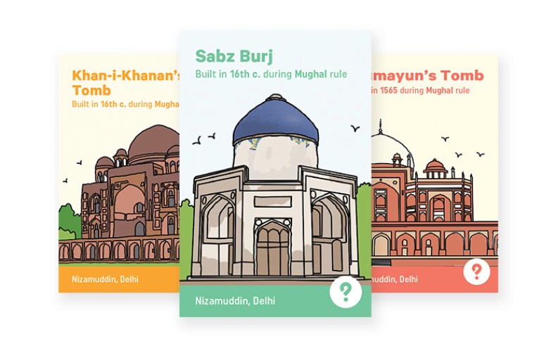 The image shows three illustrated books about historical structures in Delhi. The central book is titled "Sabz Burj" and depicts a building with a blue dome, labeled as being built in the 16th century during the Mughal rule. The book on the left is titled "Khan-i-Khanan’s Tomb" and shows a structure with a brown dome. The book on the right is titled "Mayun’s Tomb" and depicts a red structure with a white dome. Each book includes a small question mark in the bottom right corner.