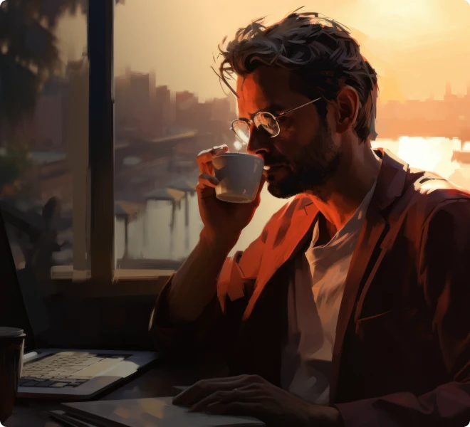 Professionnel savourant un café pendant que Libeo rapproche automatiquement une transaction bancaire avec sa facture