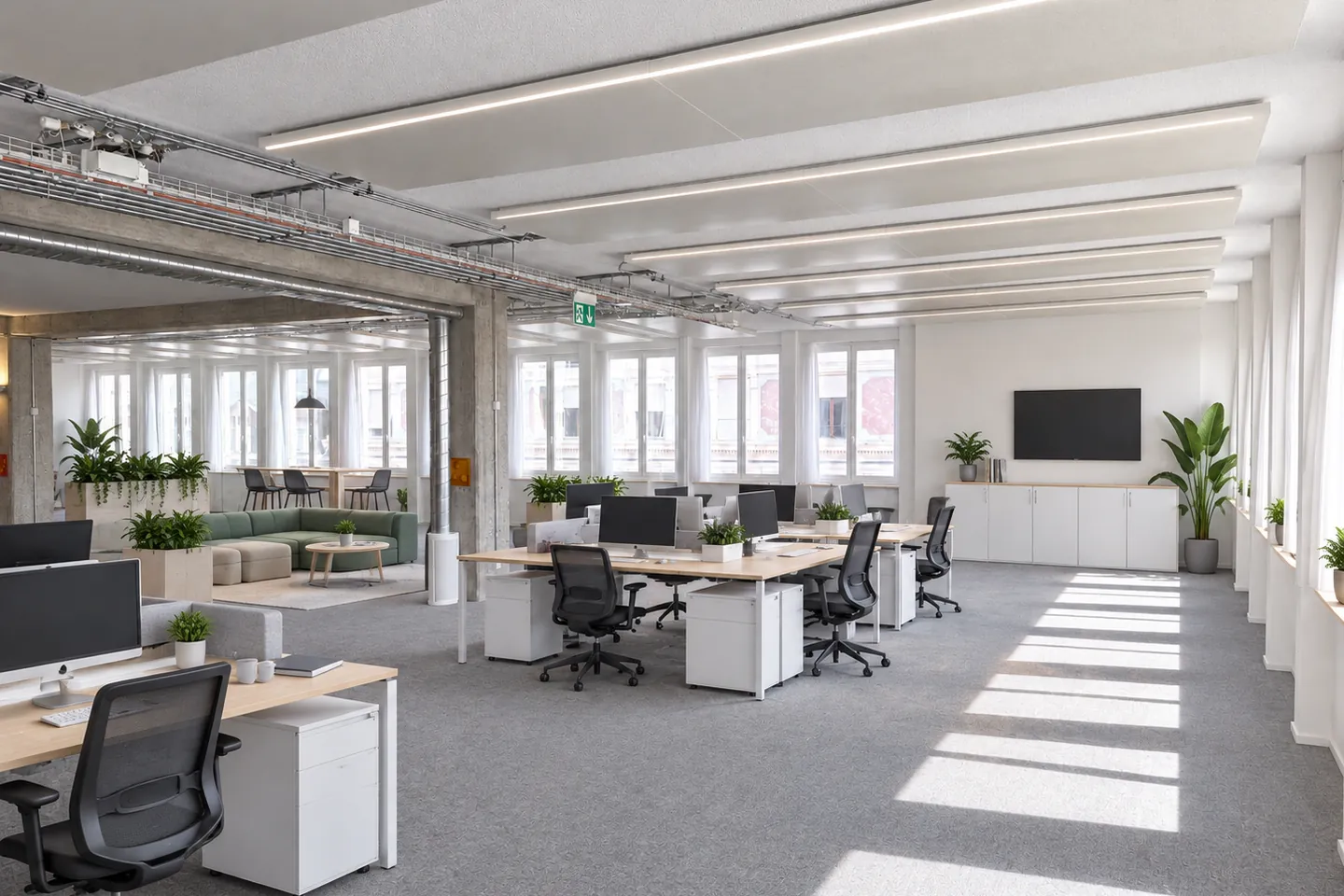 Visualisierung des 2. Obergeschosses als offene Bürofläche mit Arbeitsplätzen, Besprechungsecke und Sonnenlicht durch die Fensterfront