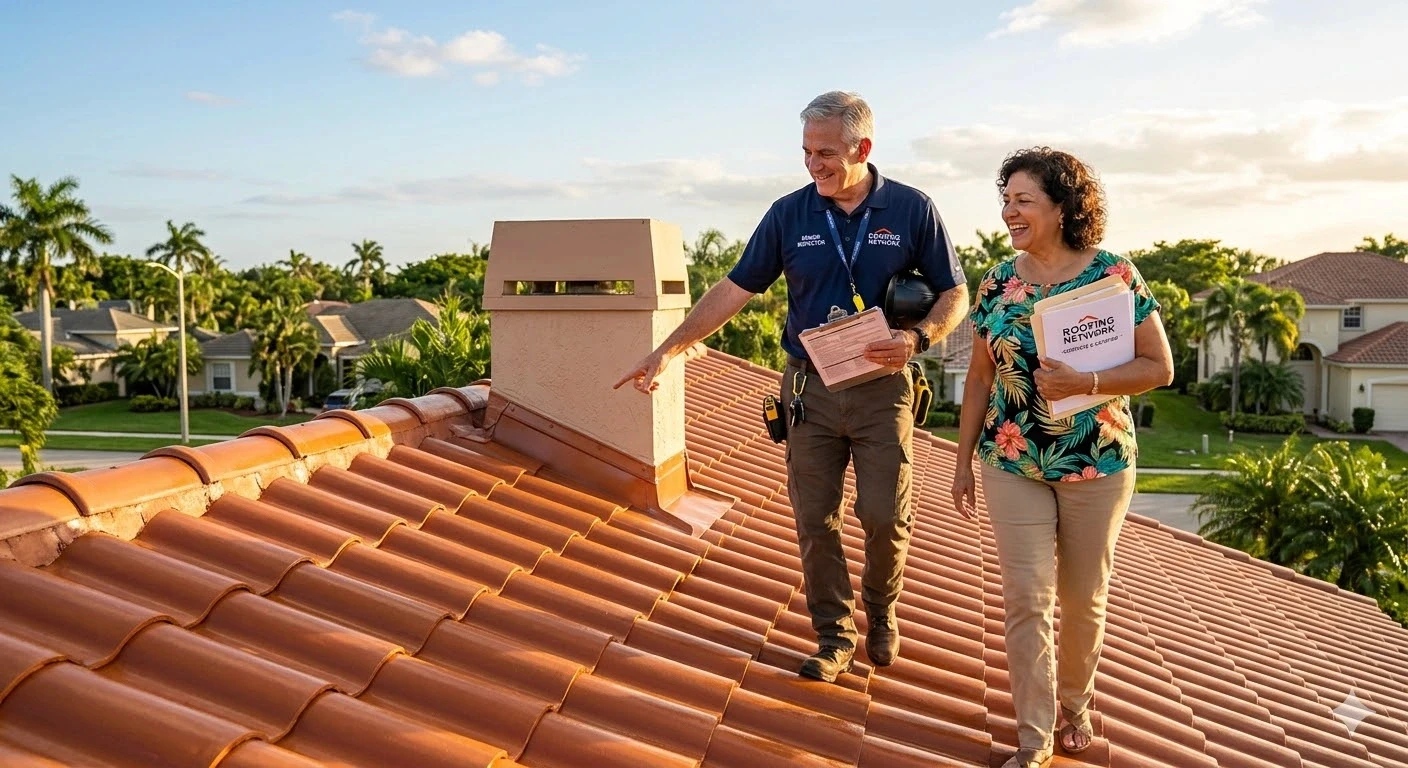 Roofing Network senior inspector walks completed roof with South Florida homeowner before closing job