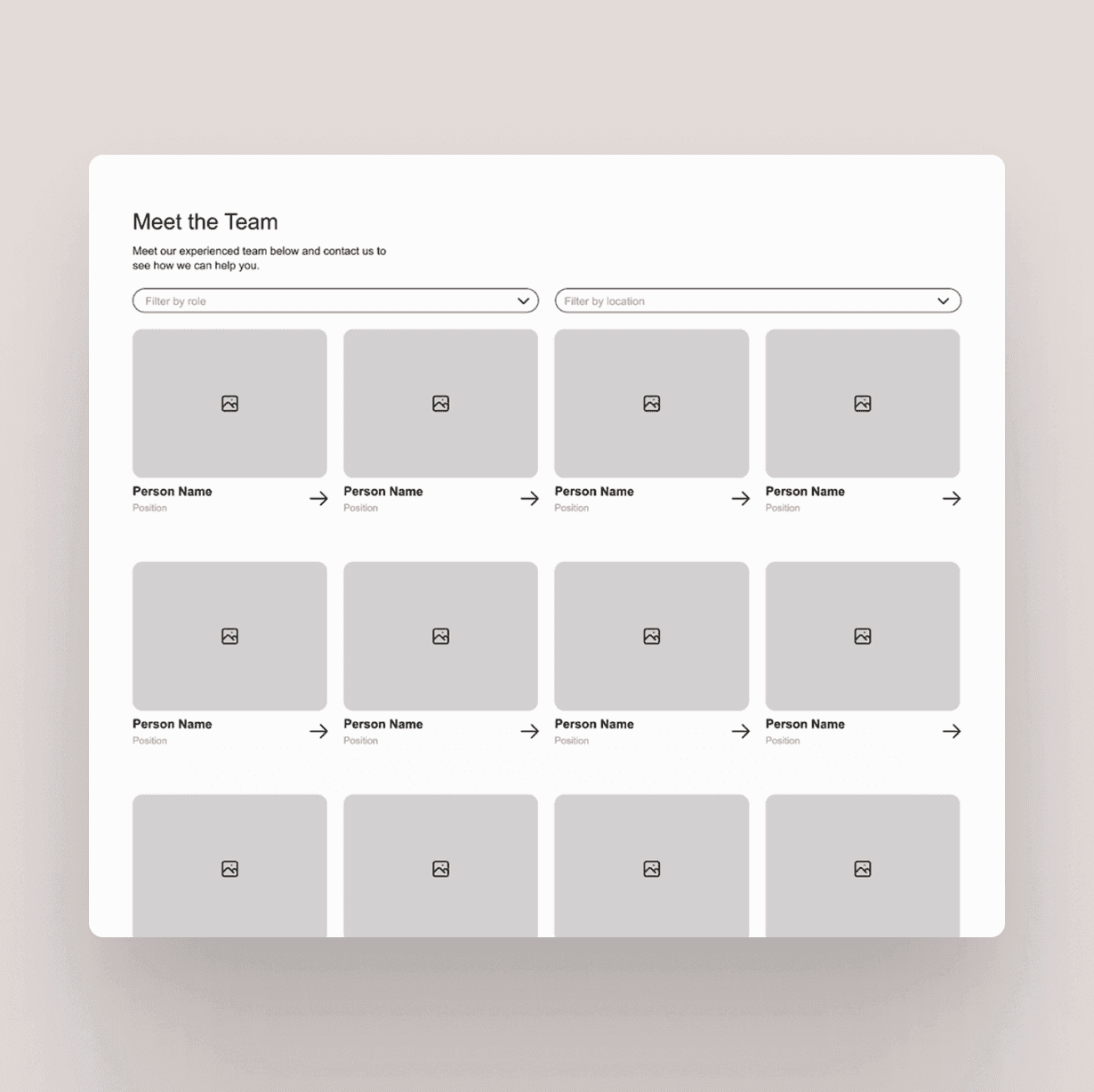Meet the Team page with filter by role and location. Team member profile placeholders are displayed.