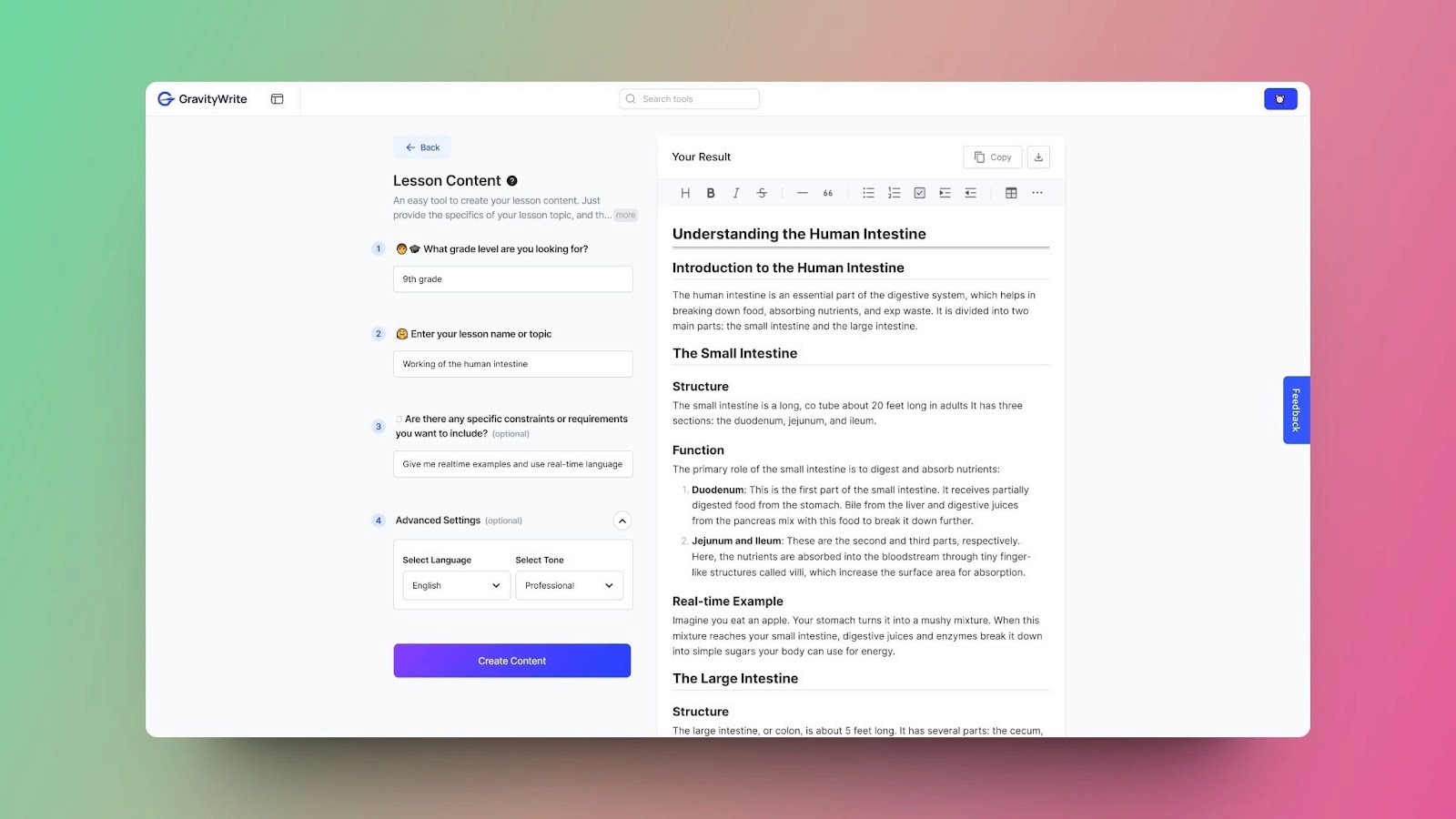 A screenshot of GravityWrite's Lesson Content tool generating content about the human intestine's structure and function for a 9th-grade lesson