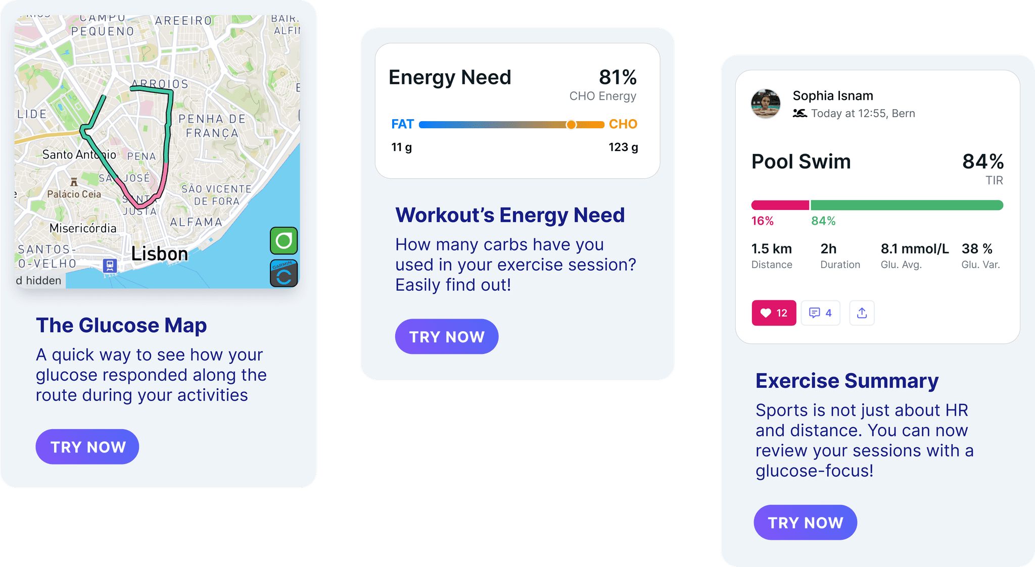 Enhance-d Mobile App Features, Glucose Map, Energy Need and Exercise Summaries