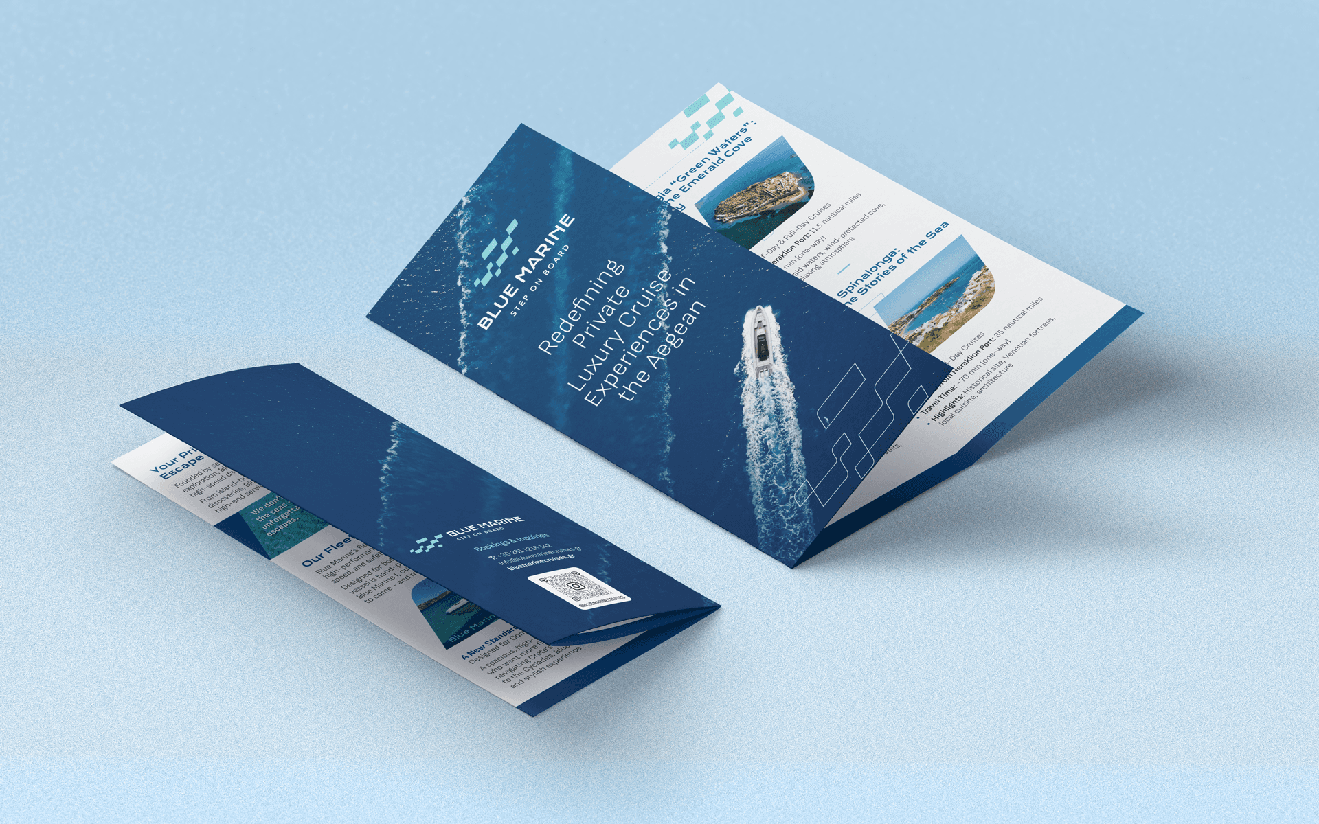 Printed brochure design for Blue Marine, combining imagery and information to highlight the sea experience