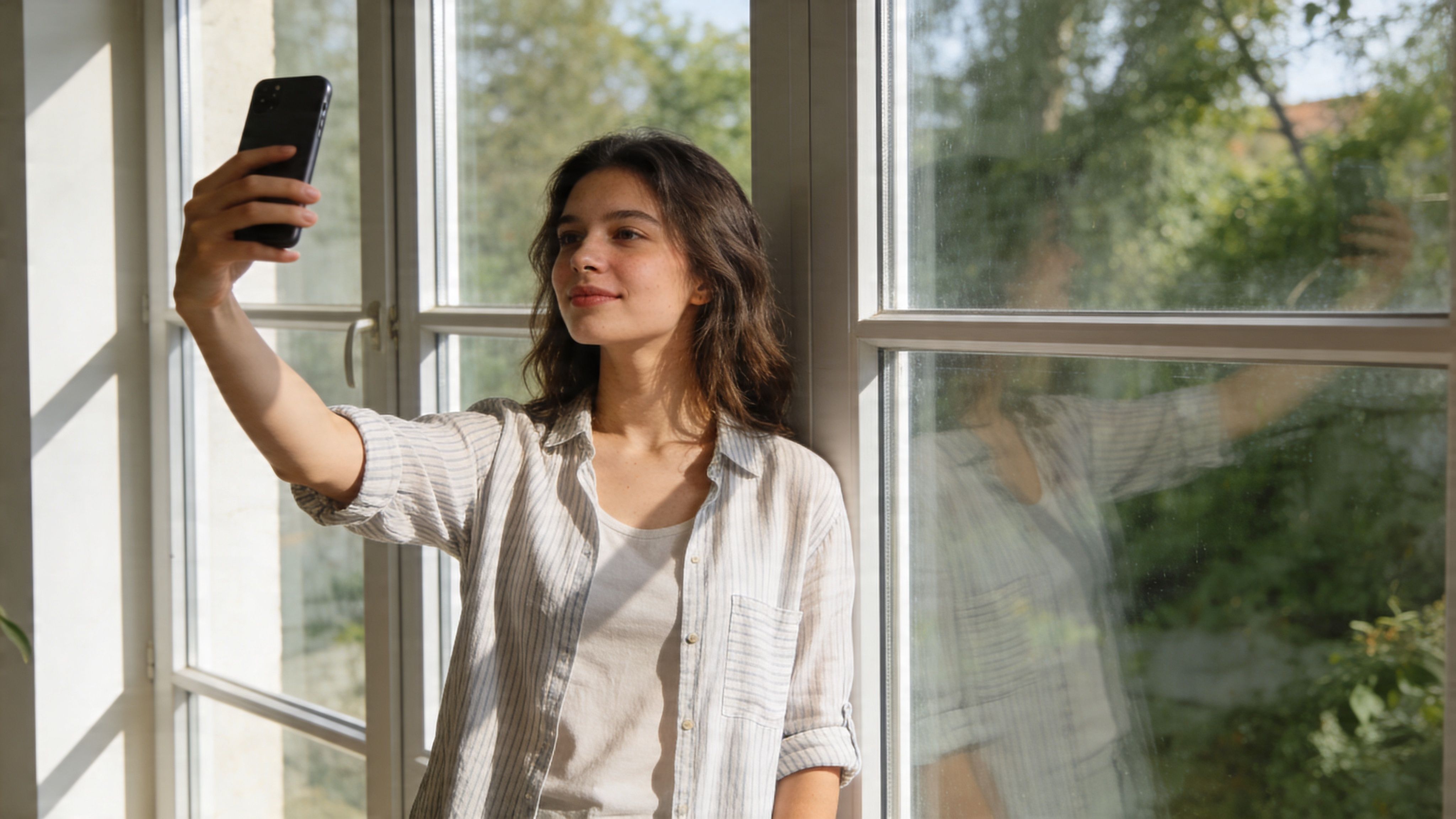 Eine junge Frau macht entspannt ein Selfie mit ihrem Smartphone vor einem hellen Fenster im Sonnenlicht.