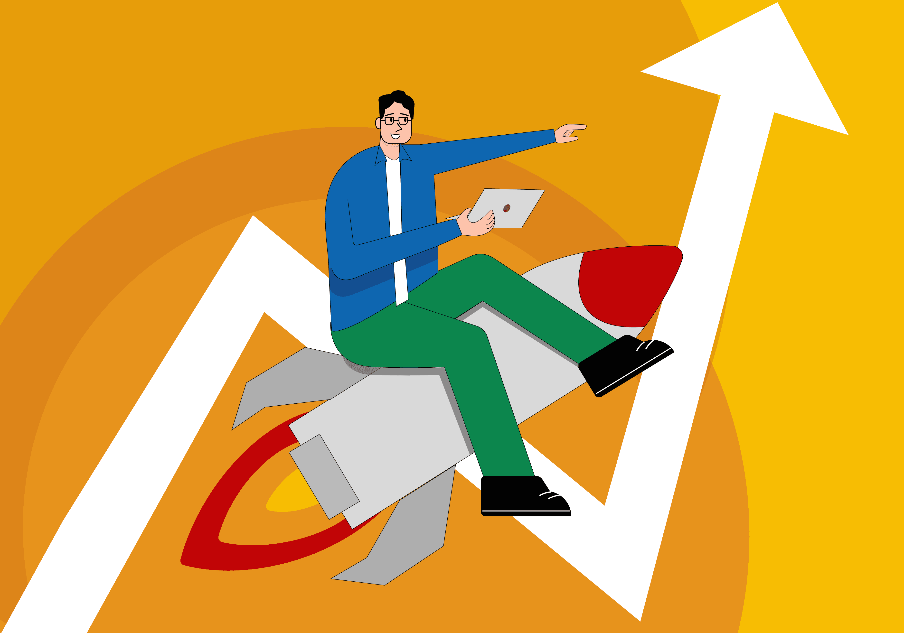 Illustration of a startup founder riding a rocket upward, symbolizing early-stage B2B growth and acceleration.