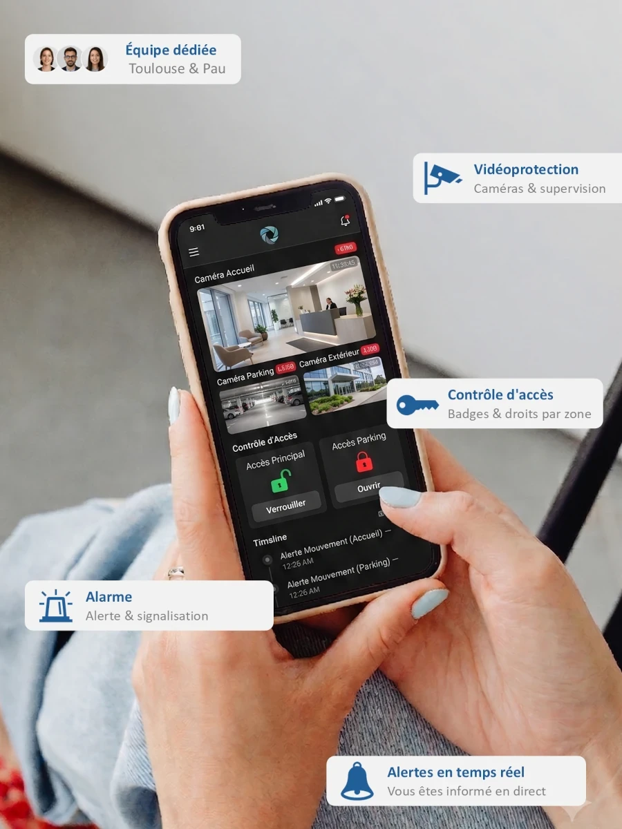 ecran smartphone avec application de sécurité batiment ouverte