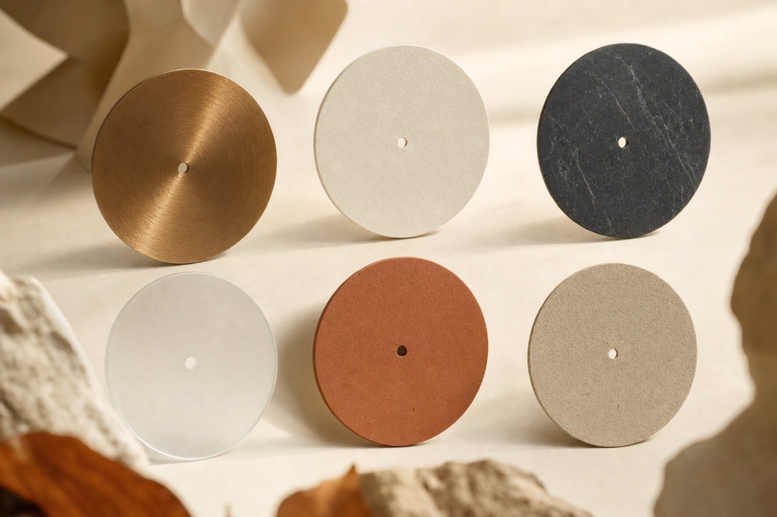 Six circular dials in different materials — brass, cream paper, charcoal stone, frosted glass, terracotta and sand — arranged in a comparison grid