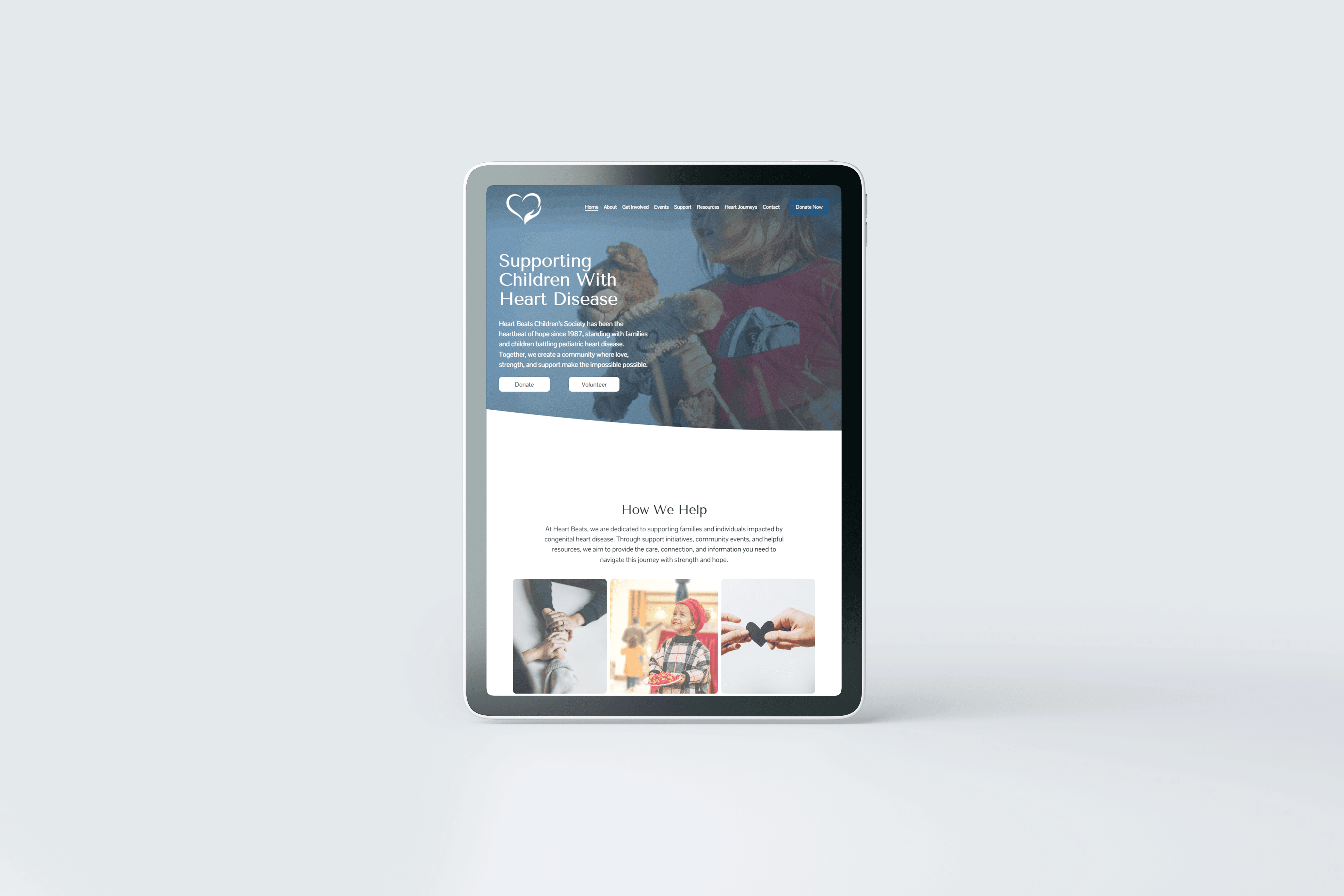 Tablet mockup of the Heart Beats Children’s Society homepage highlighting the organization’s mission to support children with heart disease, with clear messaging and a clean, responsive layout.