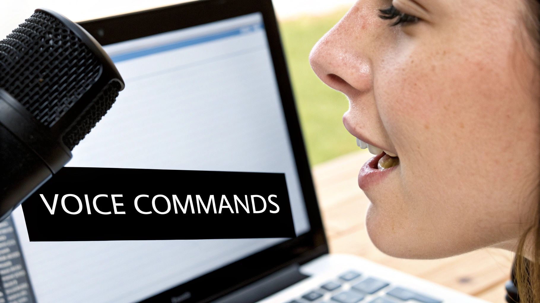 A person using voice commands on a laptop with a document open, showing symbols for bolding, underlining, and creating lists.