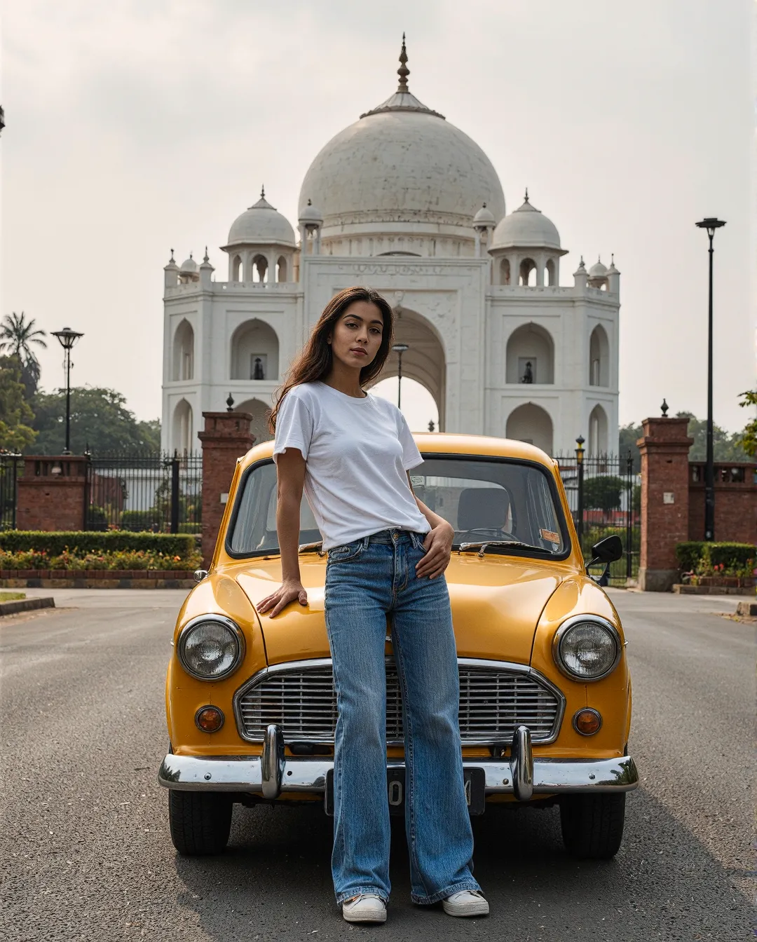 Yellow vintage car parked in front of white domed architecture in India, with fashion-forward styling in casual denim and white t-shirt